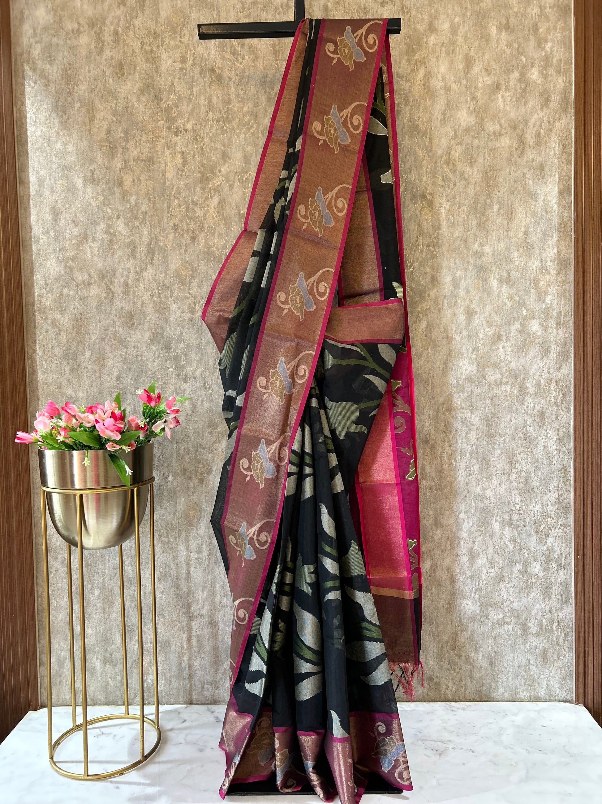 Black Color soft chanderi Saree with pink zari border Mandira Silks