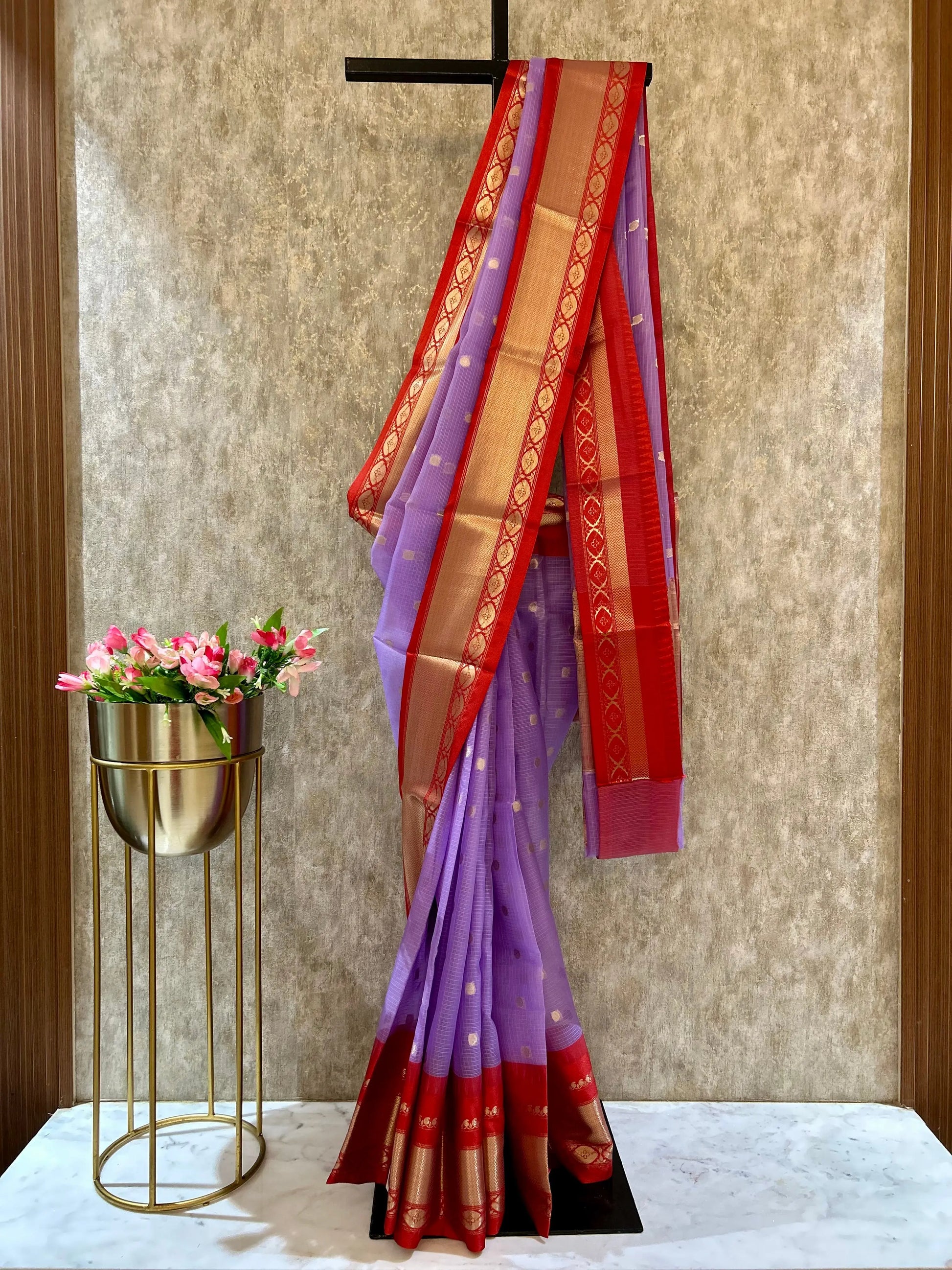 Lavender Color Kota Saree with Zari Border and buta all over saree Mandira Silks