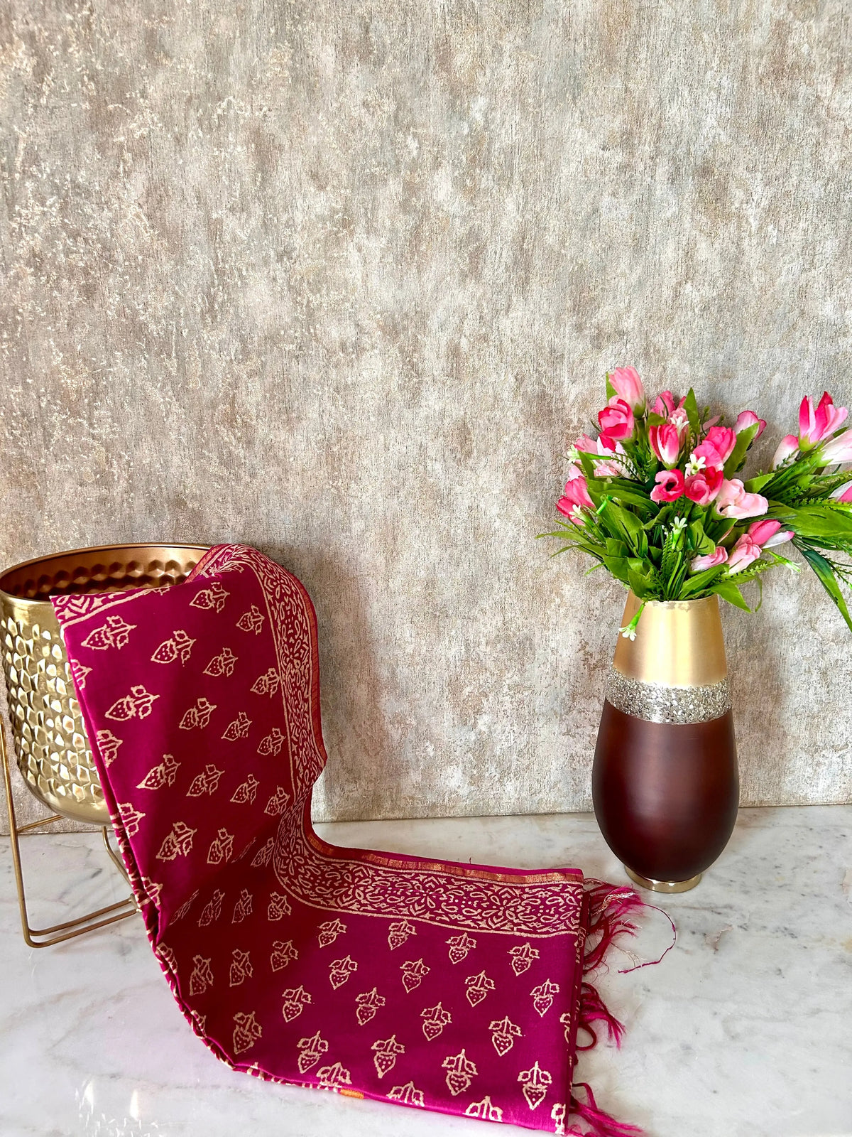 Purple Color Bagru printed Linen blended Cotton saree Mandira Silks