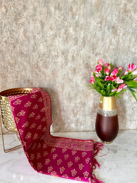 Purple Color Bagru printed Linen blended Cotton saree Mandira Silks