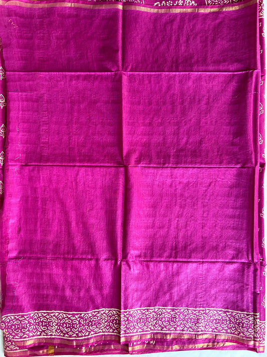 Purple Color Bagru printed Linen blended Cotton saree Mandira Silks