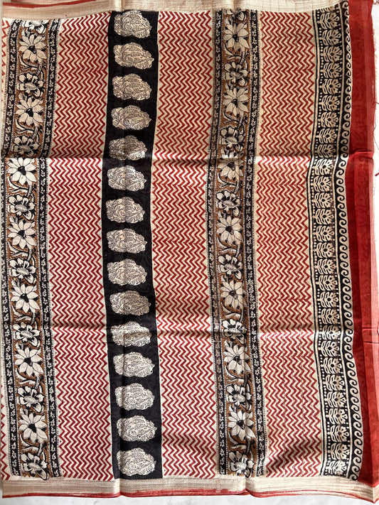 Red and Black combo color Bagru Printed Chanderi Blended Cotton Saree with Maheswari Border Mandira Silks