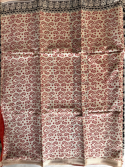 Red and Black combo color Bagru Printed Chanderi Blended Cotton Saree with Maheswari Border Mandira Silks