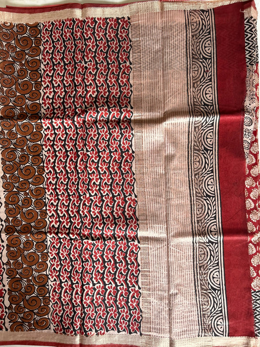 Red and Black combo color Bagru Printed Chanderi Blended Cotton Saree with Maheswari Border Mandira Silks
