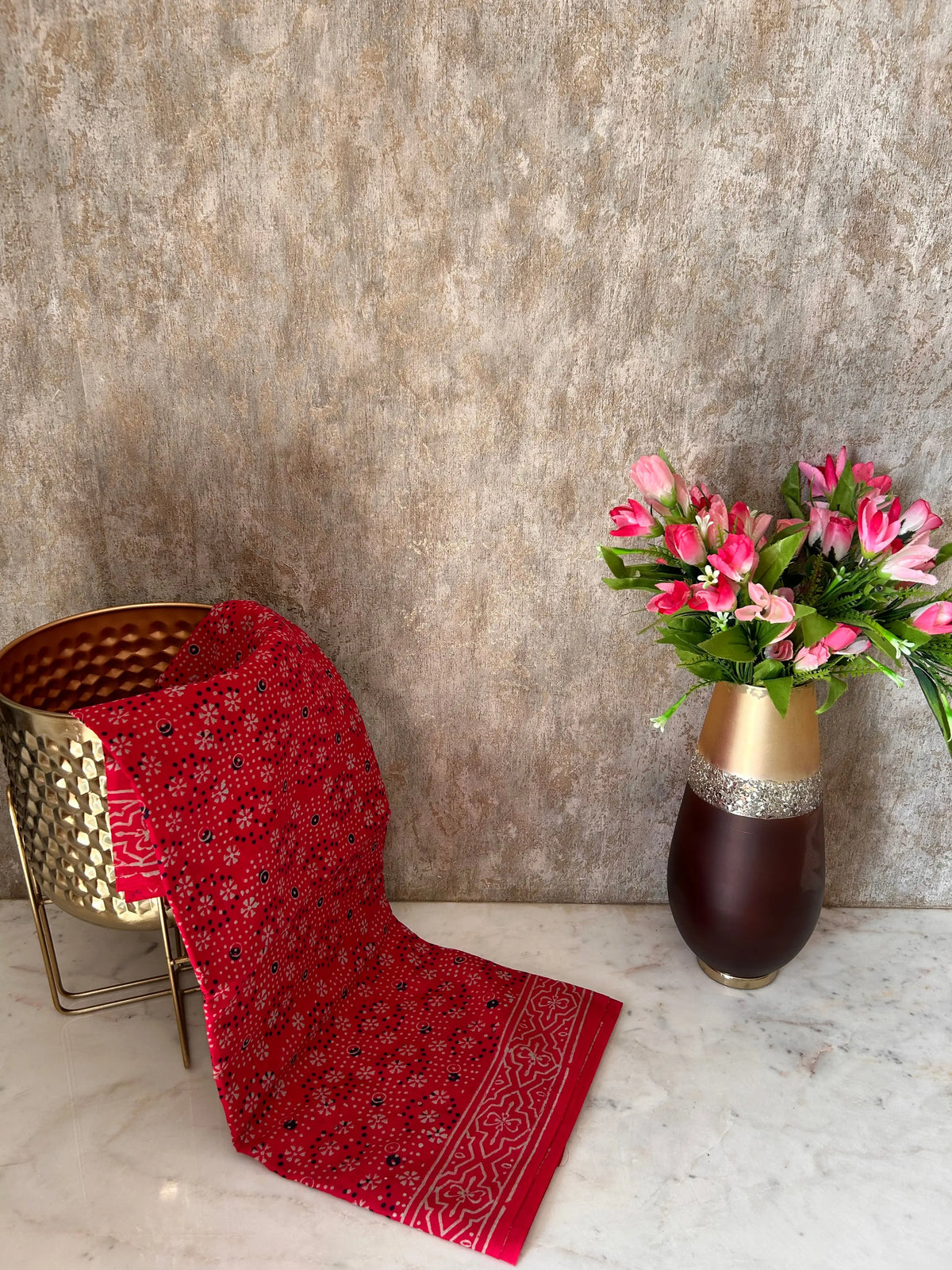 Red Color Pure Cotton Saree with Bagru Print Mandira Silks