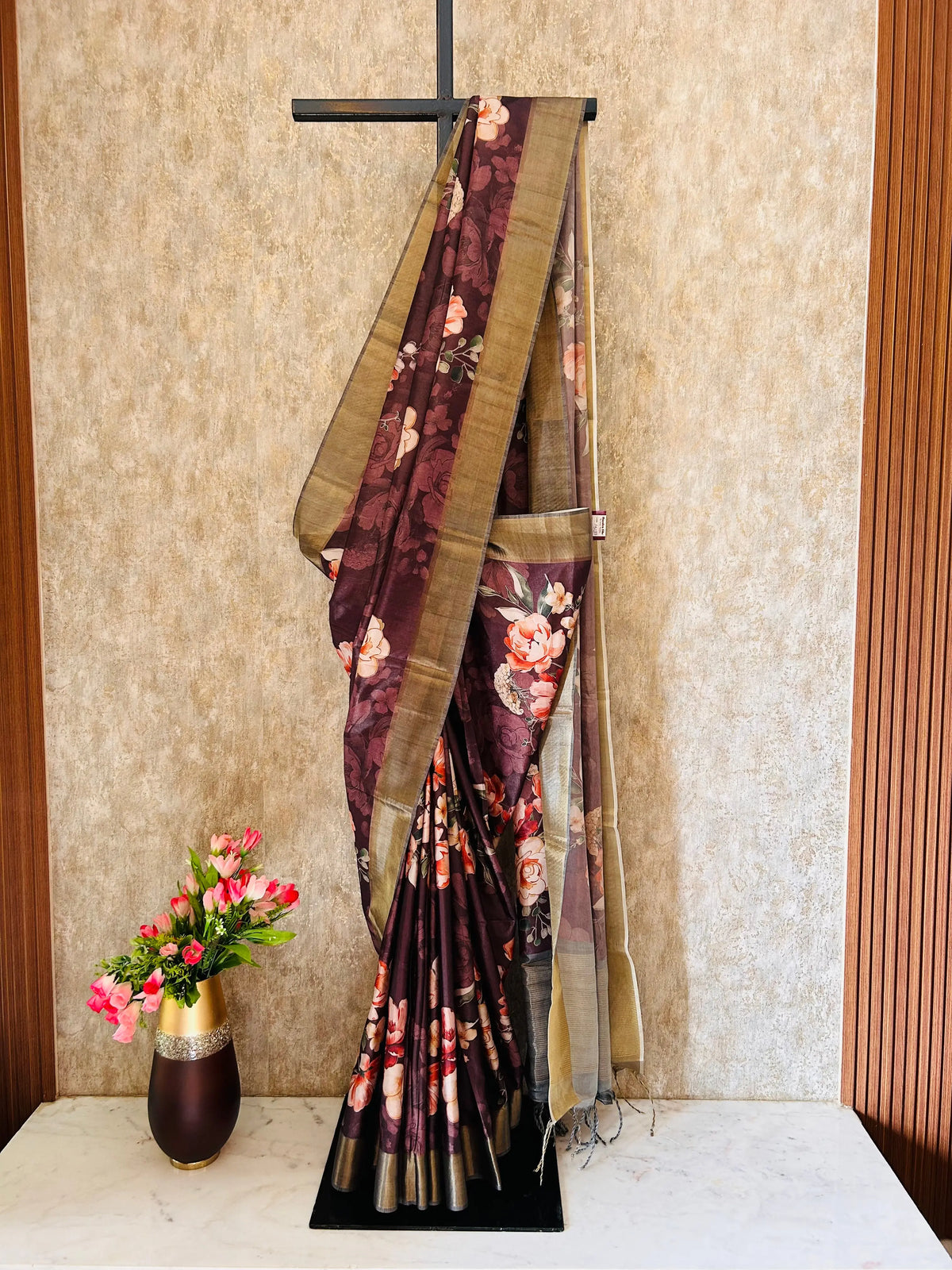 Dark Chocolate Color Soft Tussar Silk Saree with beautiful Floral design Mandira Silks