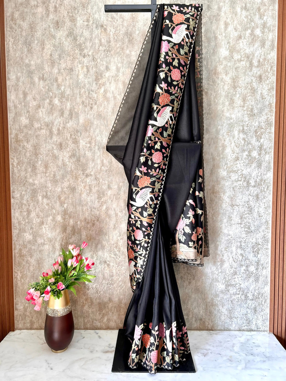 Black Color 1gm Glass Tissue designer saree with Embroidery thread work Mandira Silks