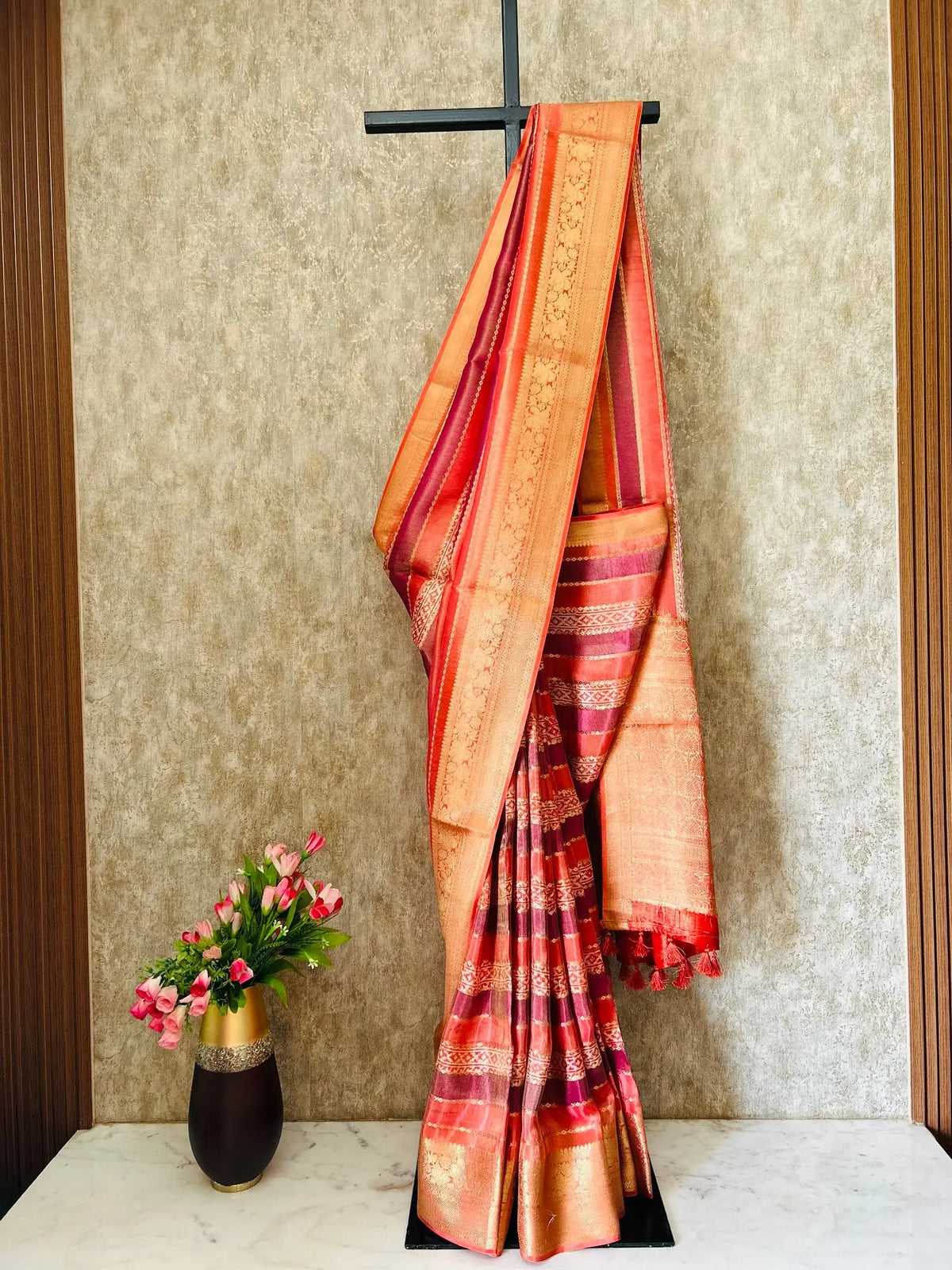 Pink Color Tissue Silk Saree with zari border Mandira Silks