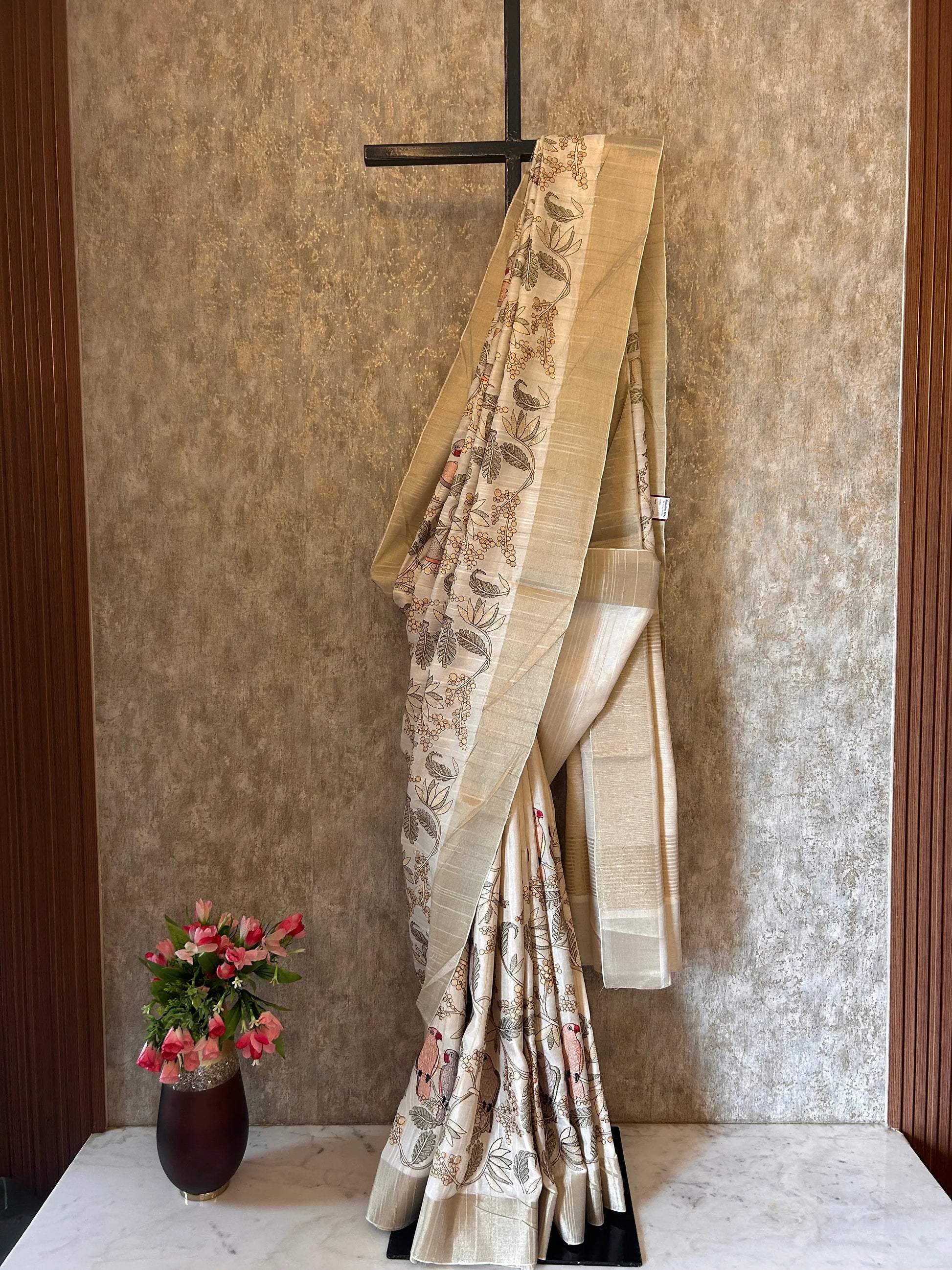 Cream color Tussar Saree with embroidery work Mandira Silks