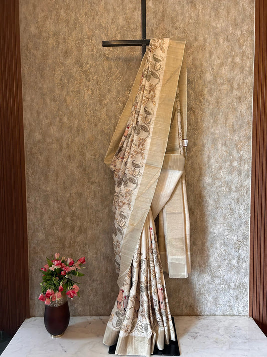 Cream color Tussar Saree with embroidery work Mandira Silks
