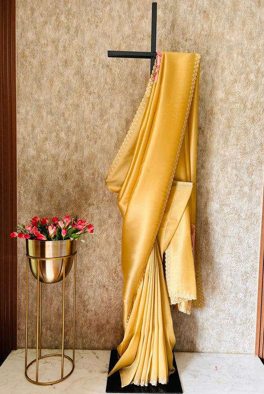 Gold color Tissue designer saree with embroidery work Mandira Silks