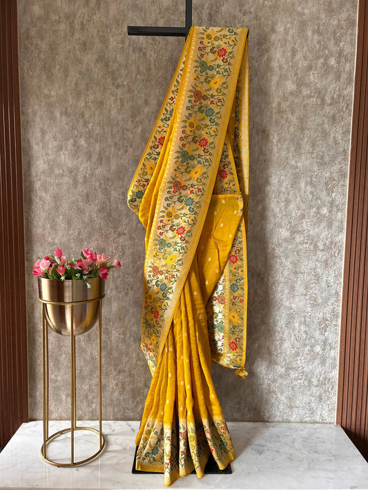 Yellow Color Munga Tussar Saree with Paithani Border Mandira Silks