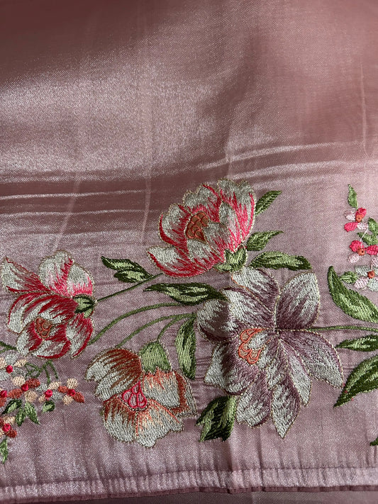 Pastel Pink color Glass Tissue Saree with embroidary design Mandira Silks