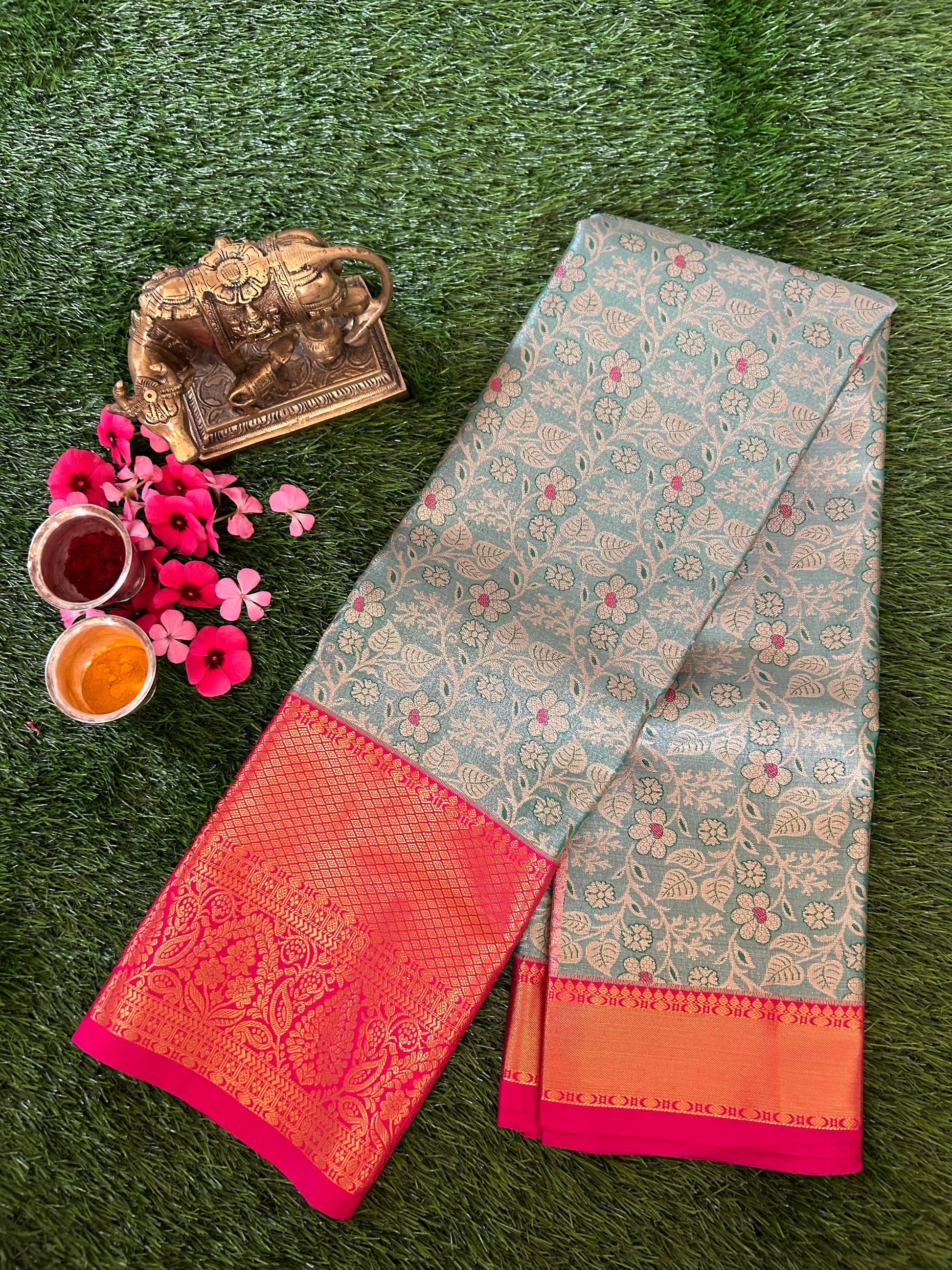 Metalic Blue and Pink Kanjivaram Semi Silk Sarees Mandira Silks