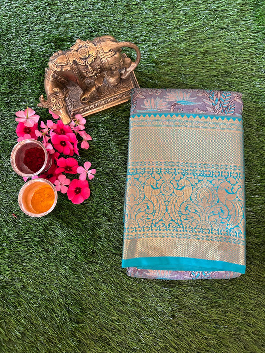 Grey and Sea Green Kanjivaram Semi Silk Sarees Mandira Silks