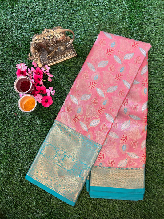 Pale Orange and metalic green Kanjivaram Semi Silk Sarees Mandira Silks