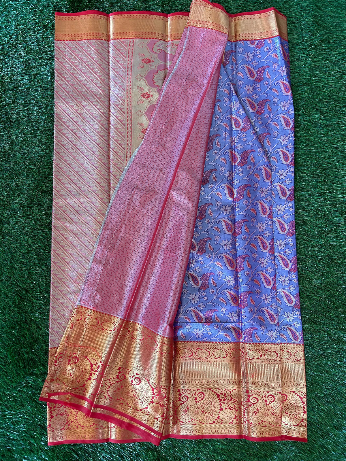 Lavender and Red Kanjivaram Semi Silk Sarees Mandira Silks