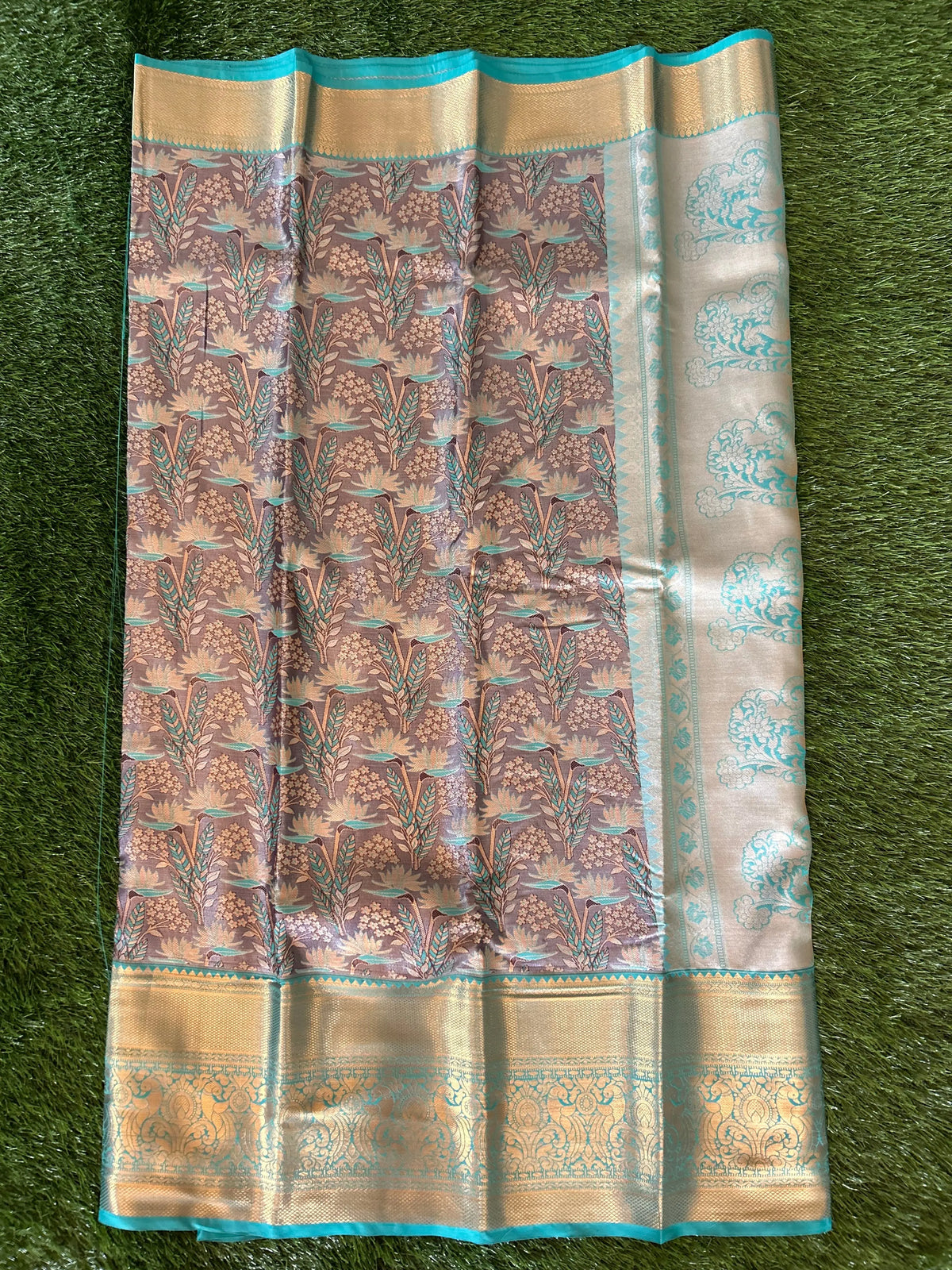 Grey and Sea Green Kanjivaram Semi Silk Sarees Mandira Silks