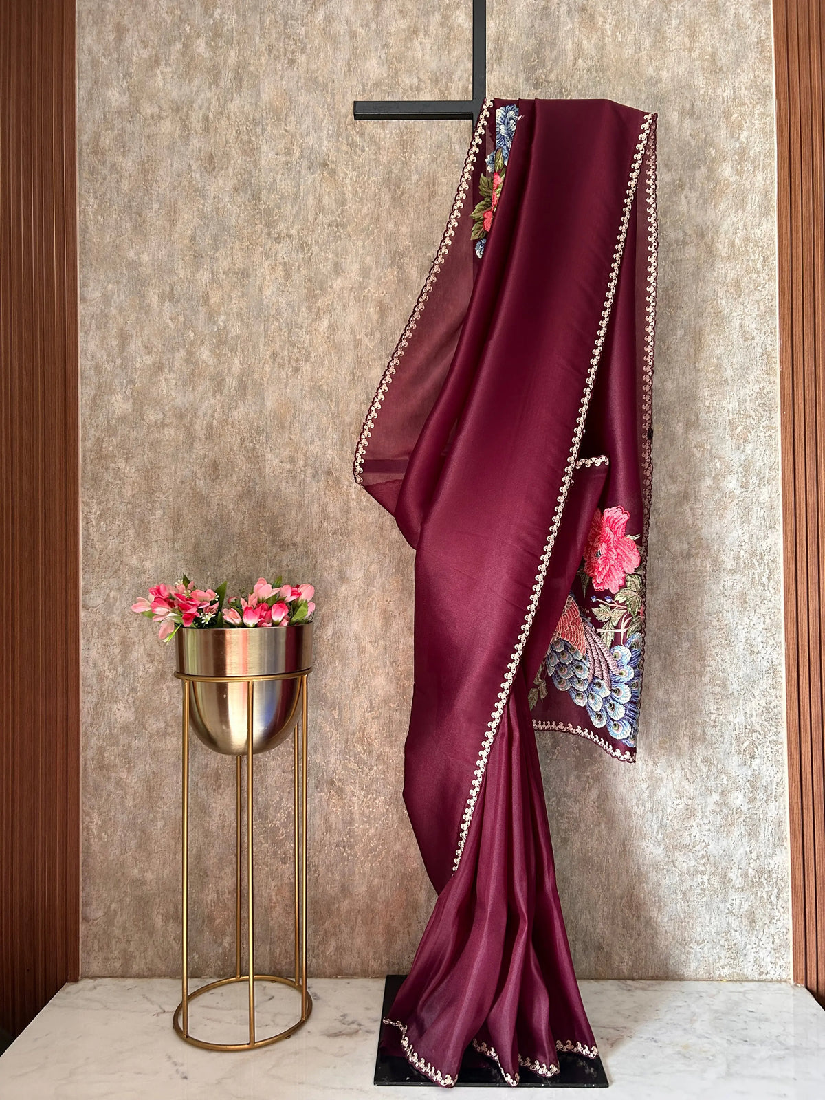 Maroon color 1gm Glass Tissue designer saree with embroidery work Mandira Silks
