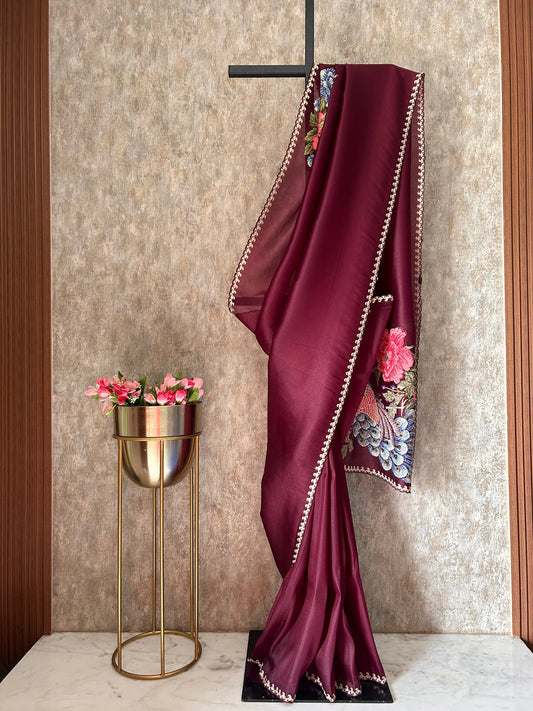 Maroon color 1gm Glass Tissue designer saree with embroidery work Mandira Silks