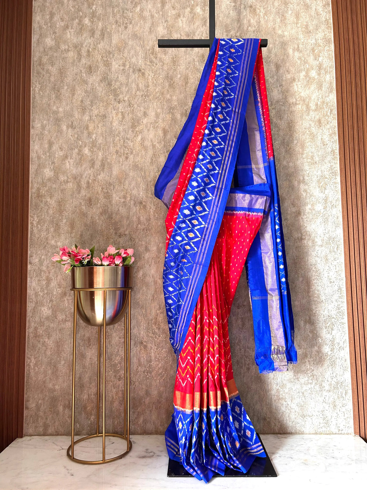 Red and blue Pure Ikkat Silk Saree Mandira Silks