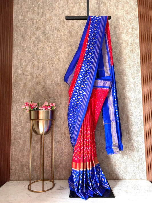 Red and blue Pure Ikkat Silk Saree Mandira Silks