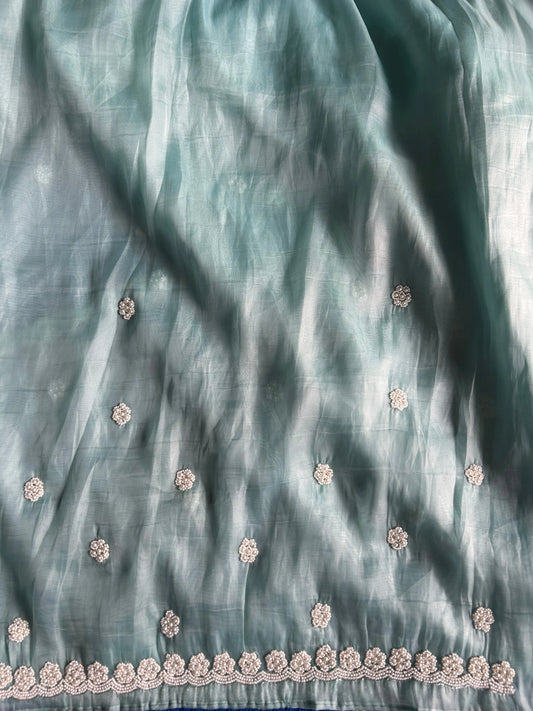 Pale Blue Color netted saree with pearl work Mandira Silks