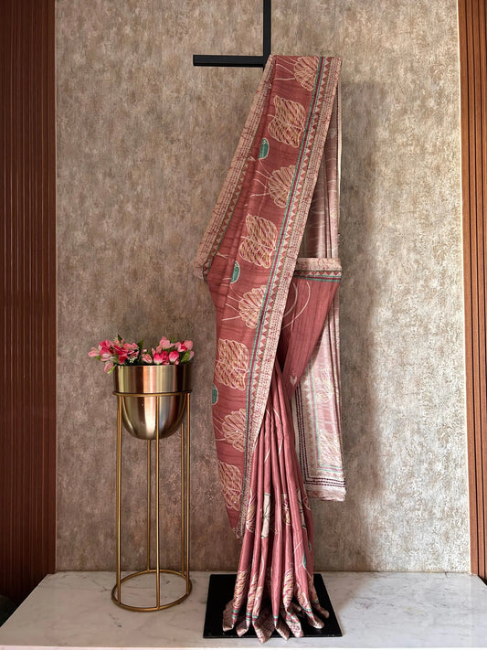 Rust Color printed Tussar Saree with Kantha Stich work Mandira Silks