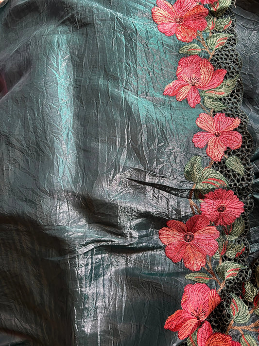 Deep Green Color Glass Tissue Designer Saree with embroidery and cut work Mandira Silks