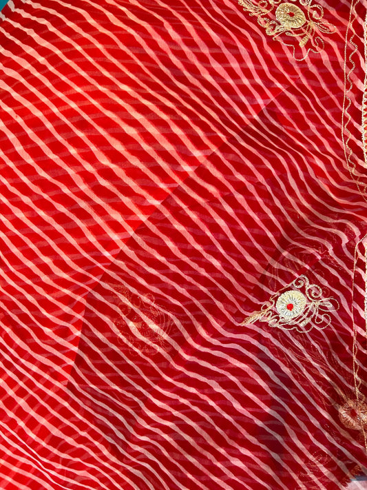 Maroon Color shaded Pure Georgette leheriya saree with Gota Patti work Mandira Silks