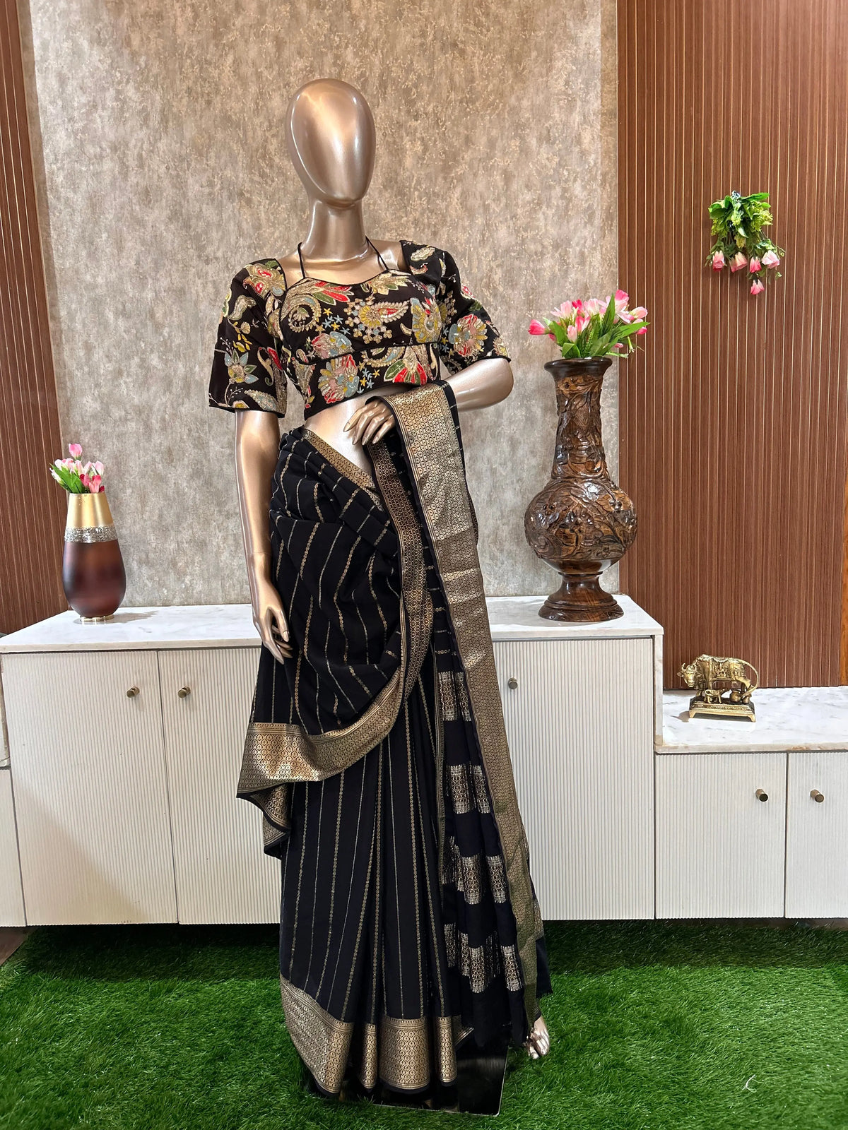Black color Silk Saree with designer blouse