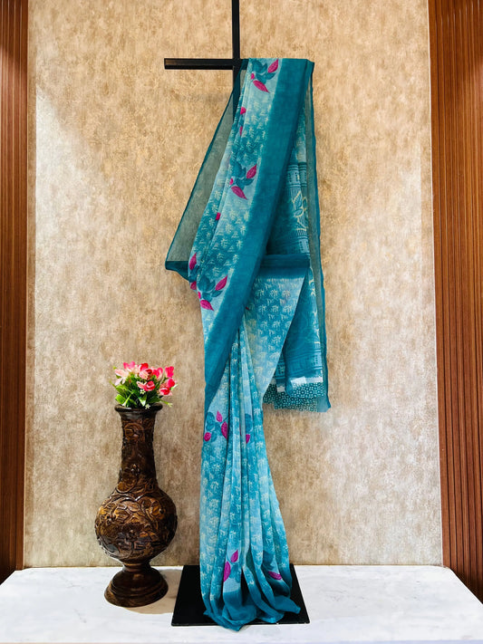 Blue color Marble Georgette saree for Daily Wear Mandira Silks