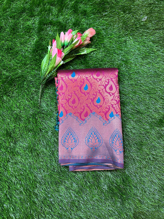 Pink Color Semi Silk Saree with contrast Border for festive wear Mandira Silks