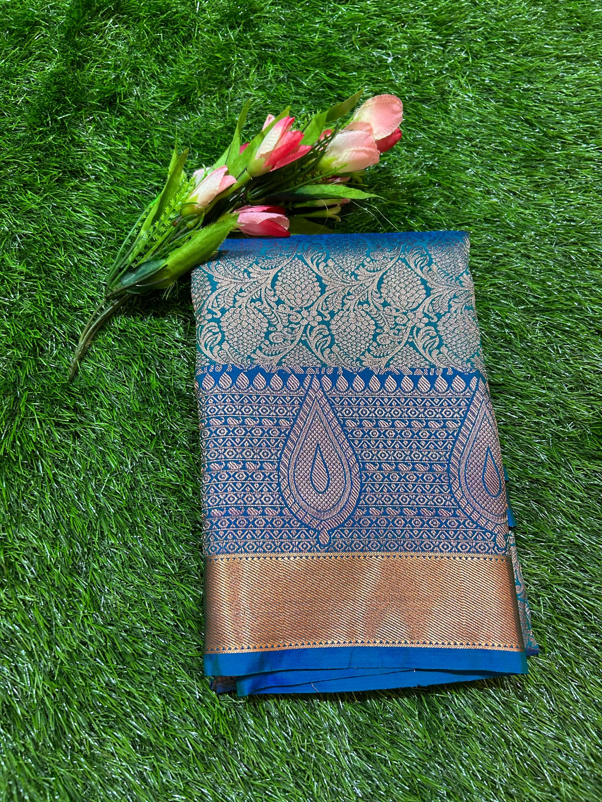 Blue Green Kanjivaram Semi Silk Saree for Festive Wear Mandira Silks