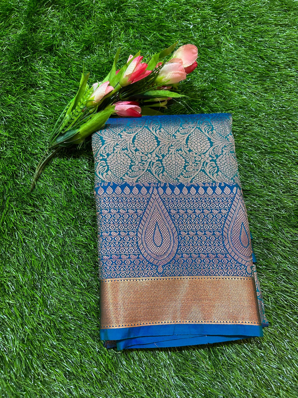 Blue Green Kanjivaram Semi Silk Saree for Festive Wear Mandira Silks