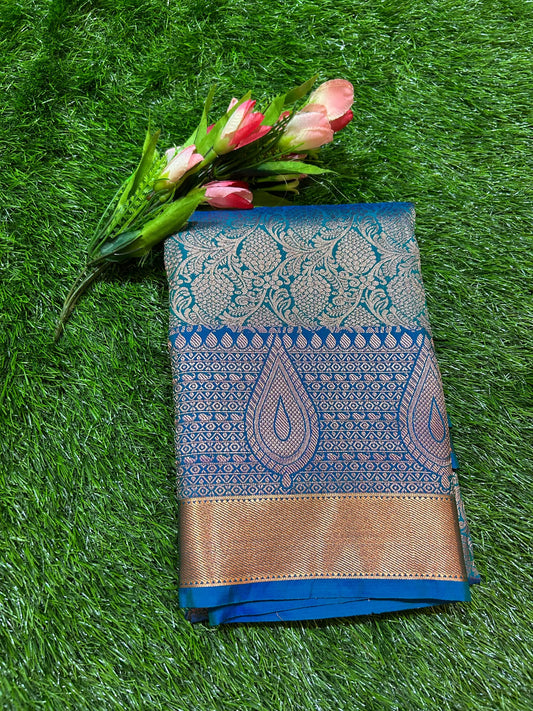 Blue Green Kanjivaram Semi Silk Saree for Festive Wear Mandira Silks