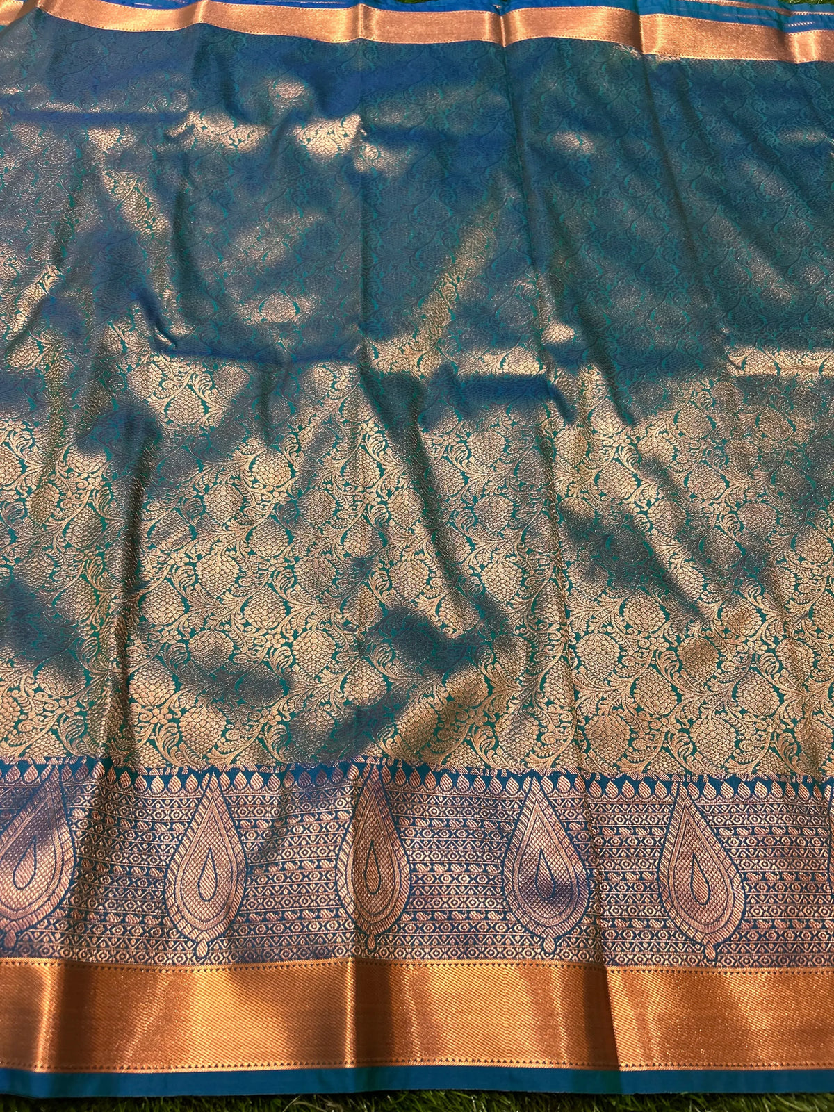 Blue Green Kanjivaram Semi Silk Saree for Festive Wear Mandira Silks
