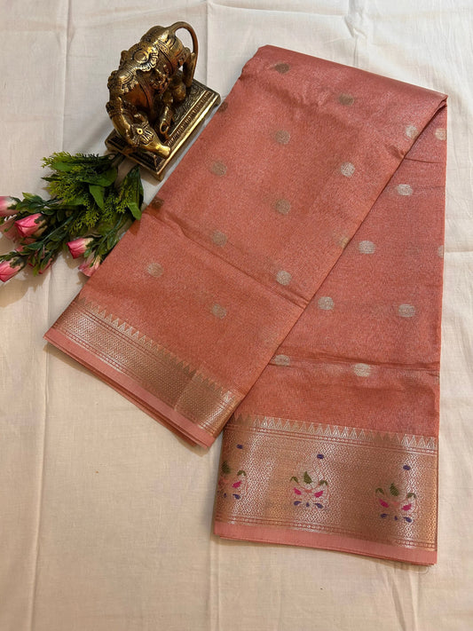 Pale Orange Color Kota Tissue Saree with Paitani border, buta all over the saree Mandira Silks