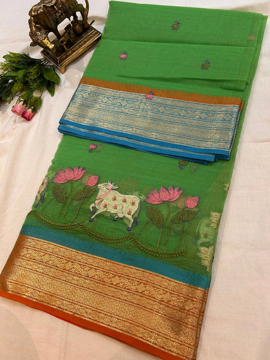 Green color Kota Saree with pichwai work Mandira Silks