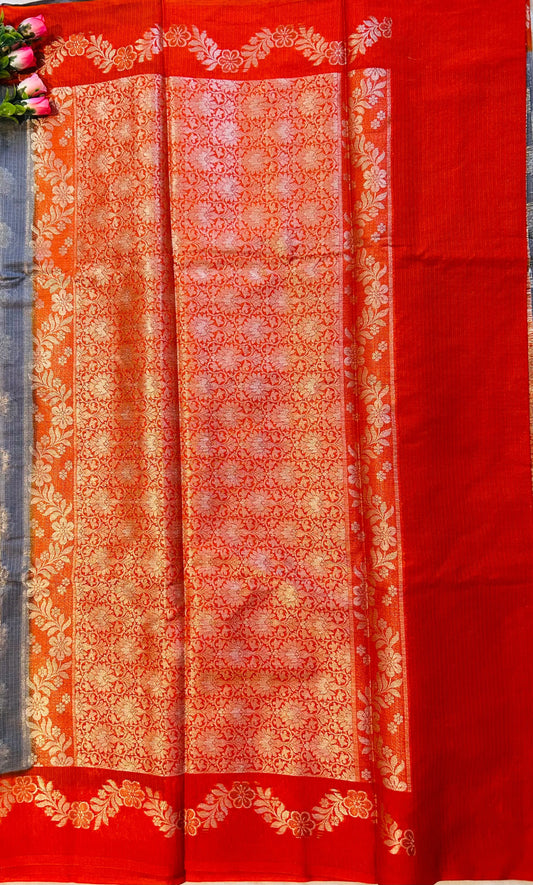 Grey and Orange Combo color Kota Saree with Banarasi weaving Mandira Silks