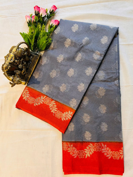 Grey and Orange Combo color Kota Saree with Banarasi weaving Mandira Silks