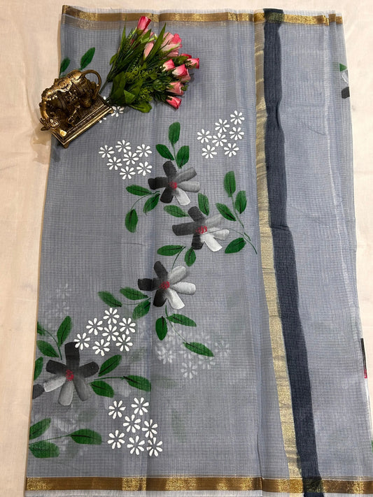 Grey Color Kota saree with floral Hand paint Mandira Silks