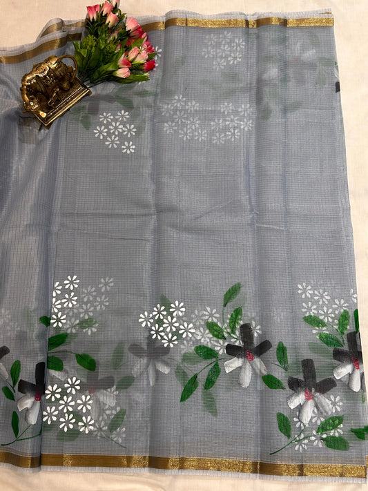 Grey Color Kota saree with floral Hand paint Mandira Silks