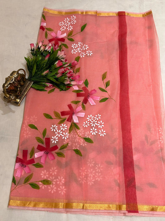 Pink Color Kota saree with floral hand paint Mandira Silks
