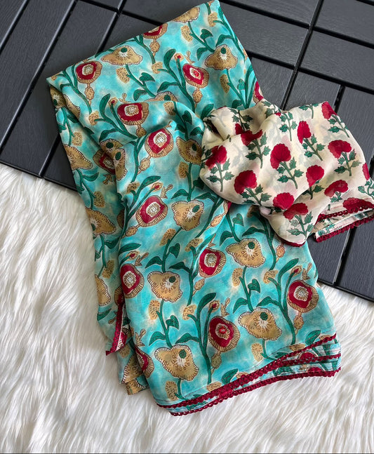 Trending Blue Floral Print Georgette Daily Wear Saree